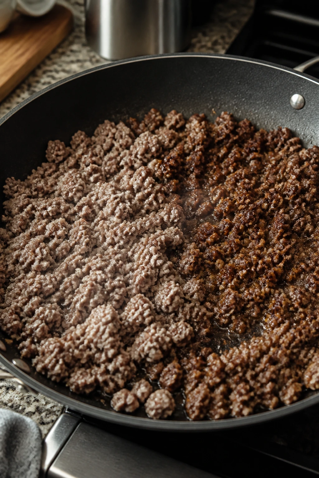 Skillet with beef showing under-browned and properly browned areas