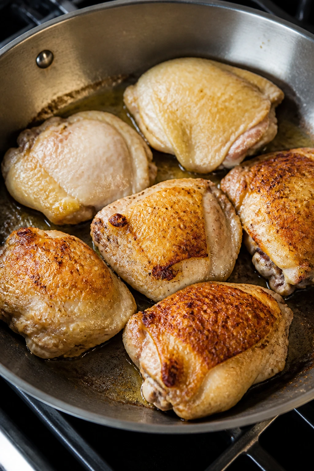 Pan with unevenly browned chicken thighs in a bright kitchen