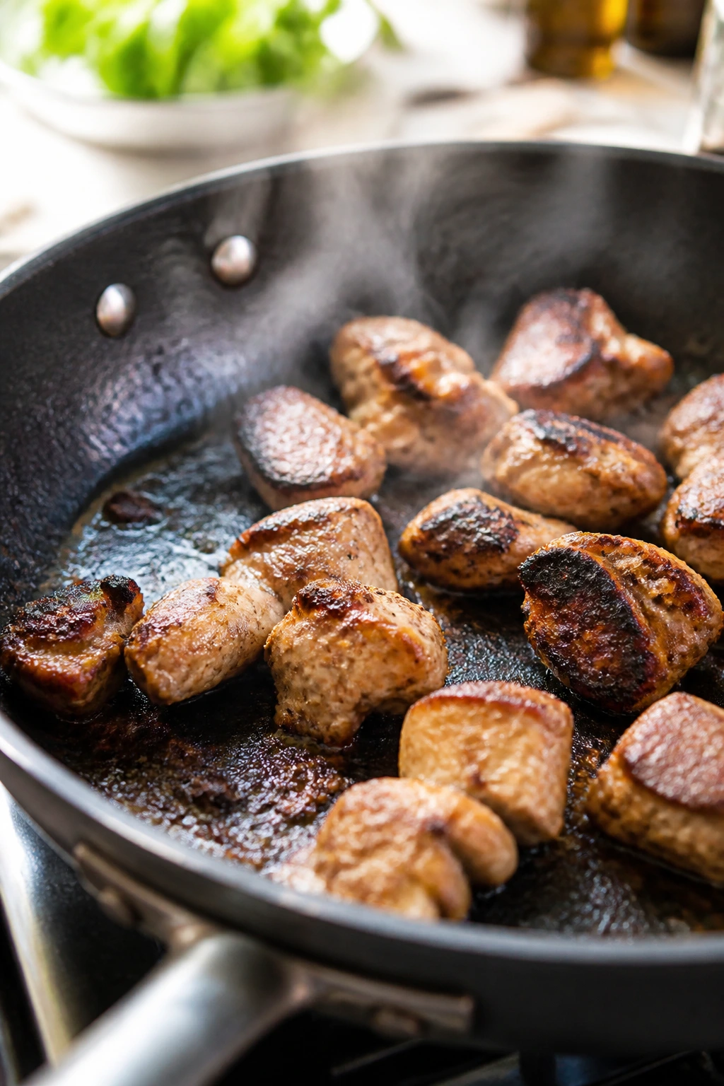 Skillet with uneven browning illustrating cooking mistakes
