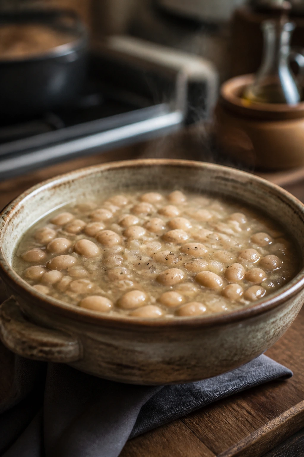 Bland bean dish in a rustic bowl on a warm kitchen