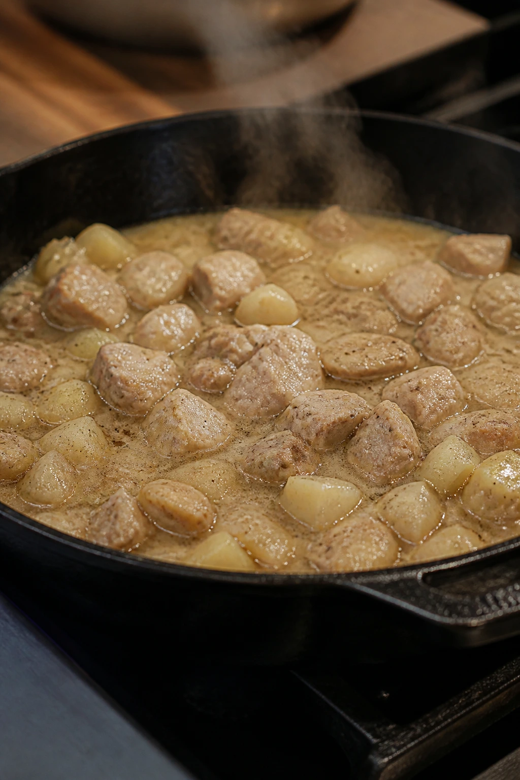 Underseasoned skillet dish with dull color and minimal garnish