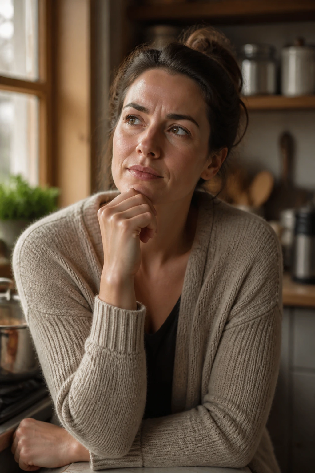 Real person in a kitchen looking thoughtful as they ponder questions