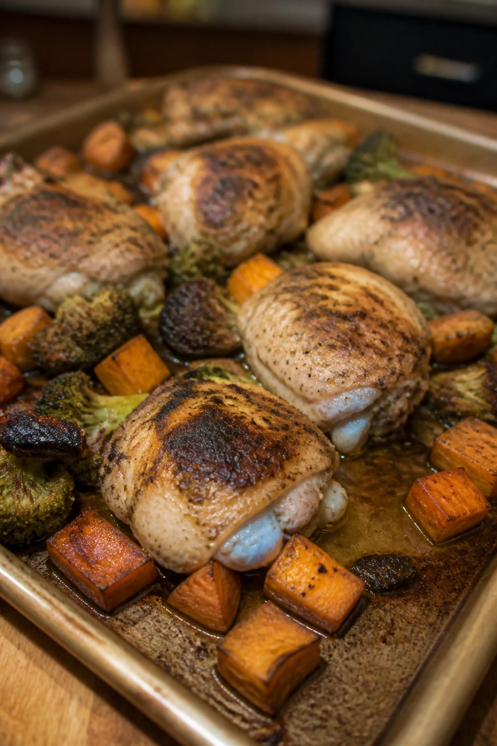 Close-up of a crowded sheet pan showing moisture and uneven browning