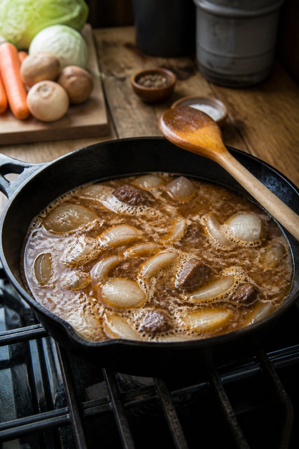 Close-up of a cast-iron skillet simmering, illustrating common cooking mistakes to avoid in Saint Patrick's Day dinners