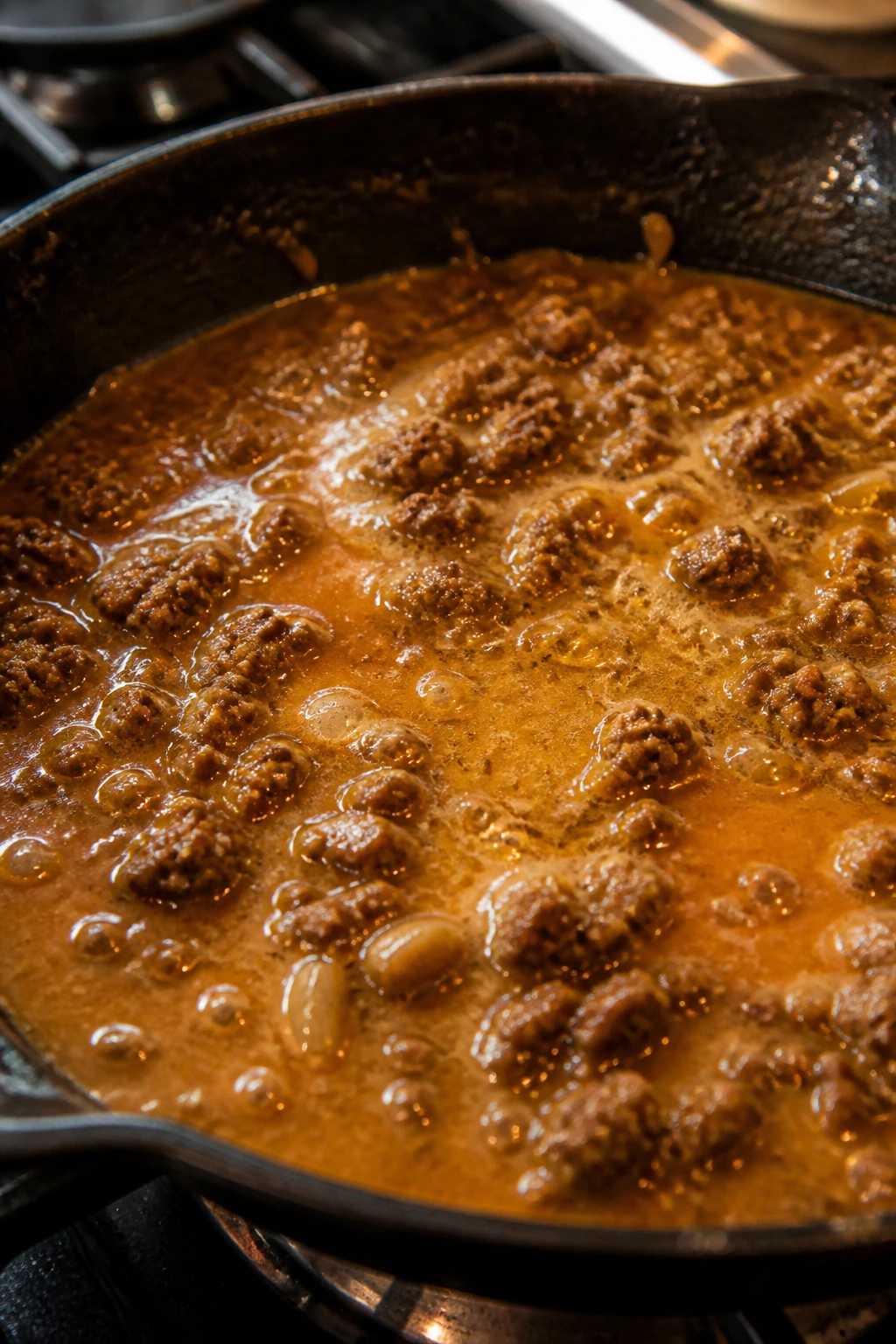 Pan with too-liquid sauce and browned beef in a skillet