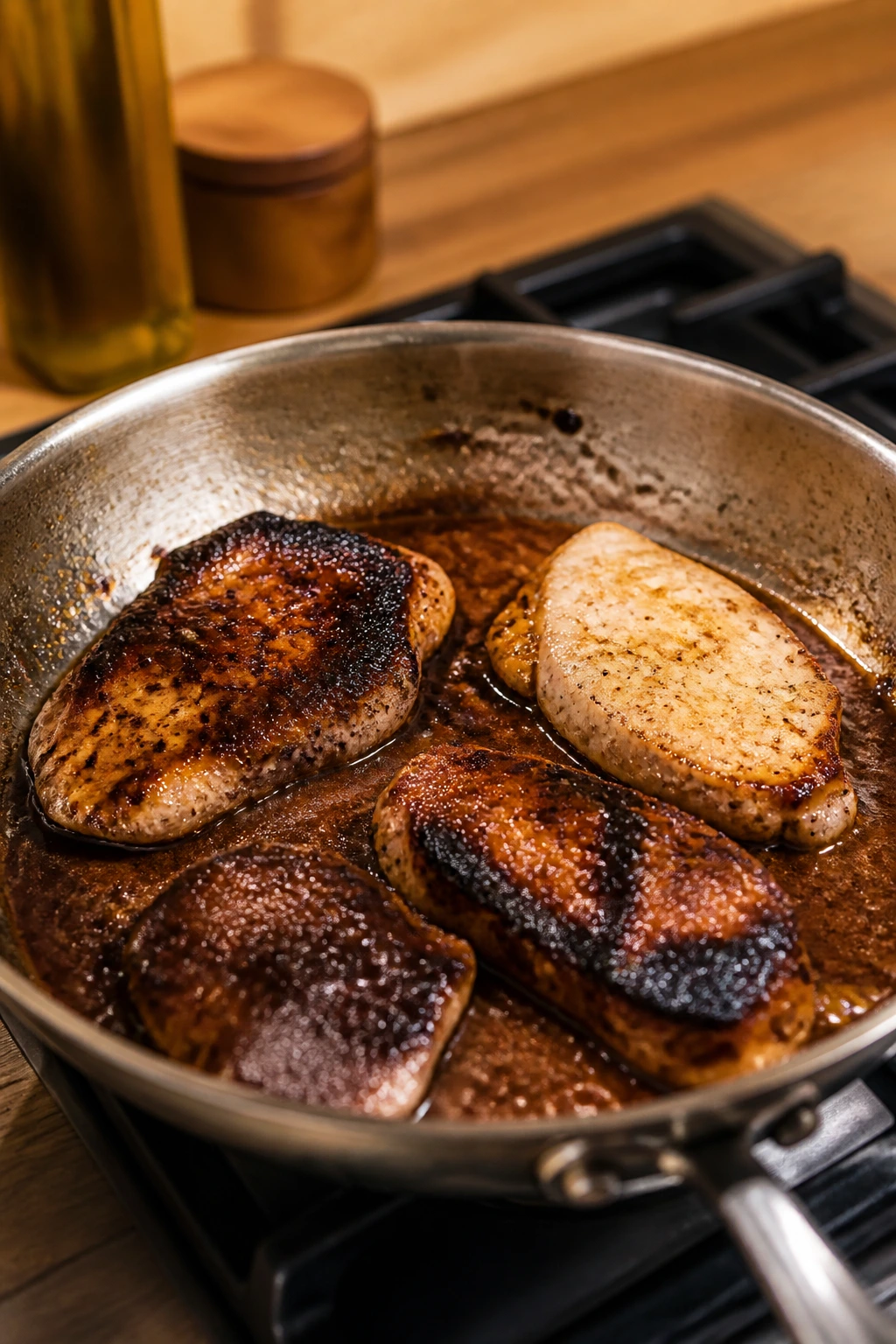Pan with uneven sear and glossy sauce illustrating common cooking mistakes in a home kitchen.