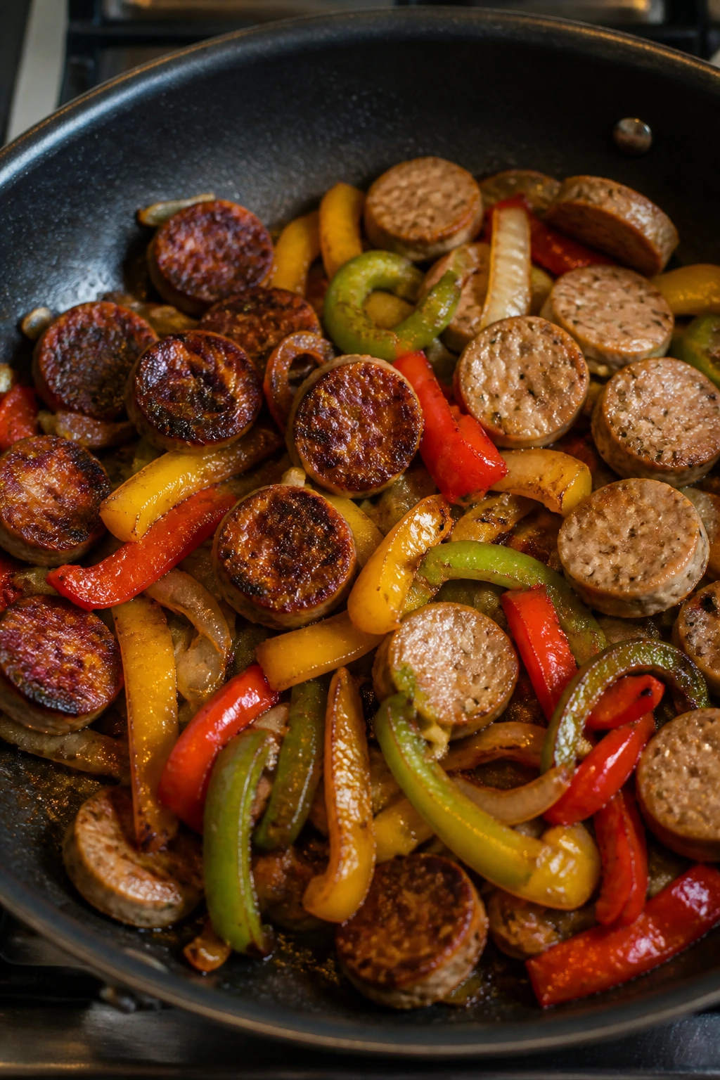 Skillet with unevenly cooked sausage and peppers illustrating cooking mistakes.