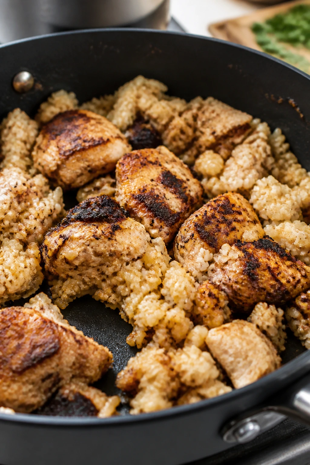 Skillet with unevenly browned chicken and clumpy rice