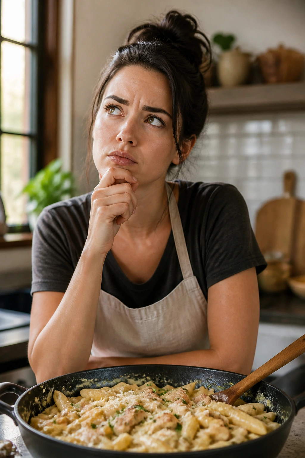 Portrait of a real person in a kitchen, thoughtful about cooking questions.