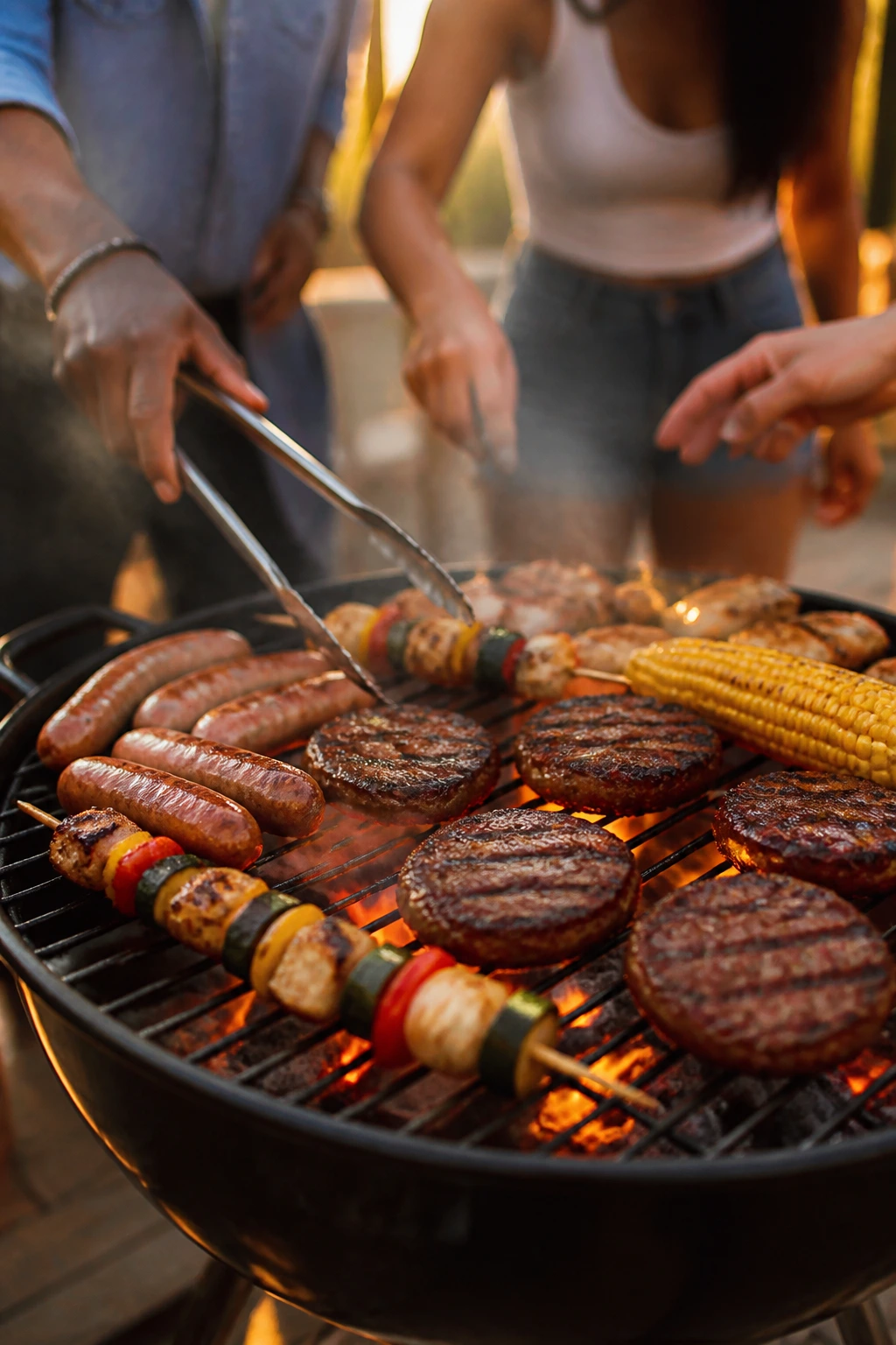 Backyard grill scene with people hovering near a sizzling grill in golden hour