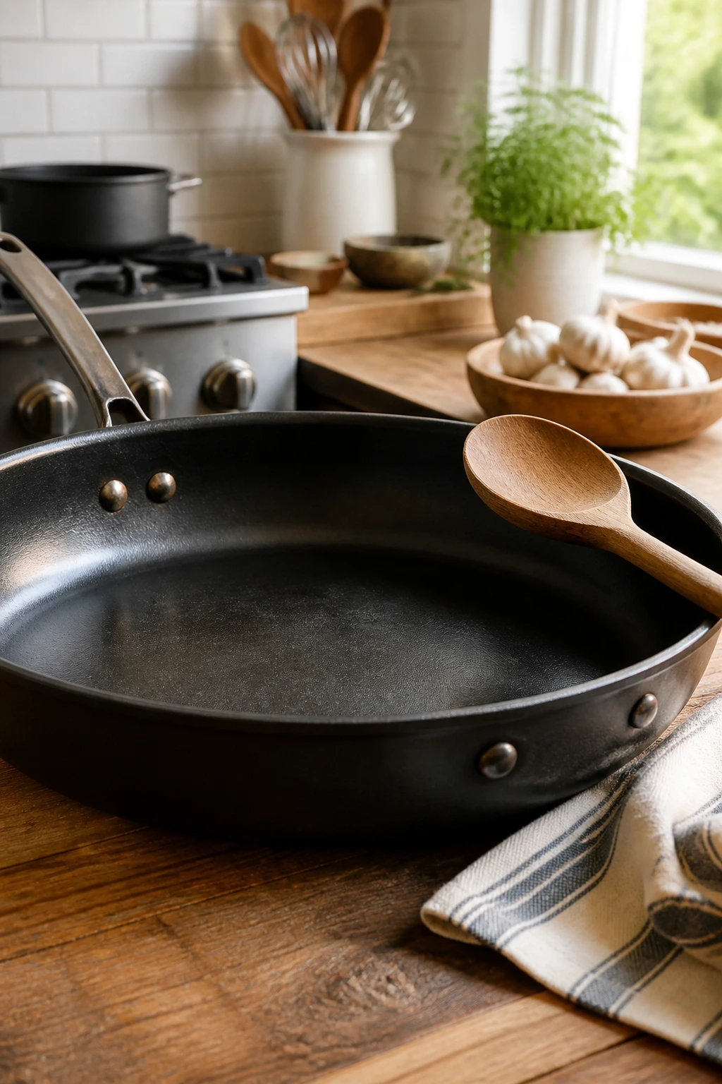 A large skillet as the hero in a cozy kitchen setup