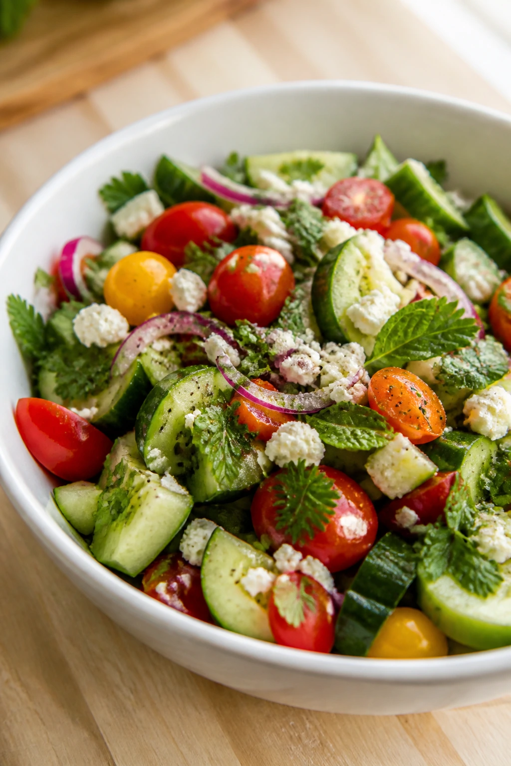 Close-up bowl of cold salad representing cooler summer dinners.