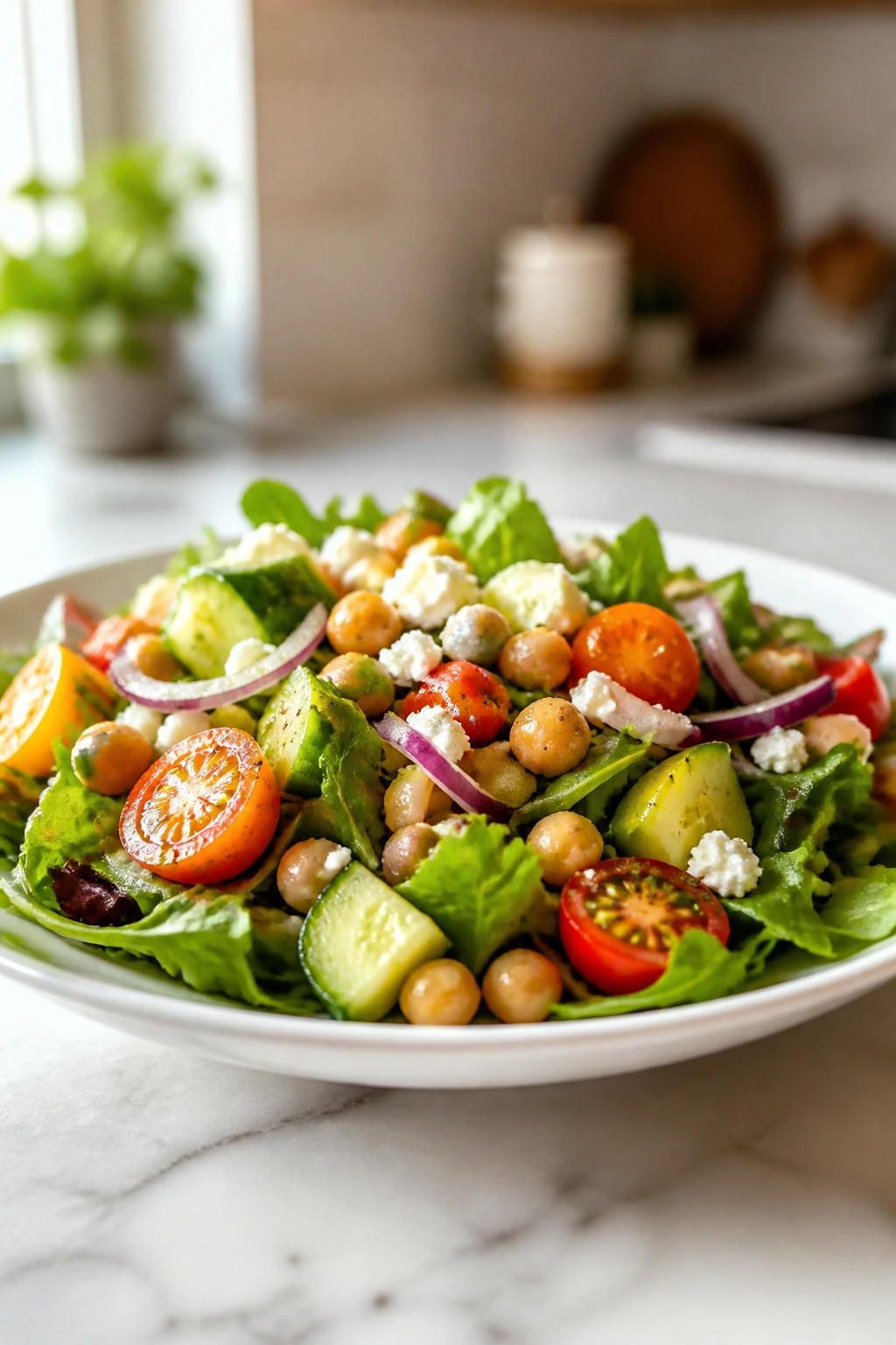 Close-up of a cool salad plated on a pristine plate in a sunny kitchen
