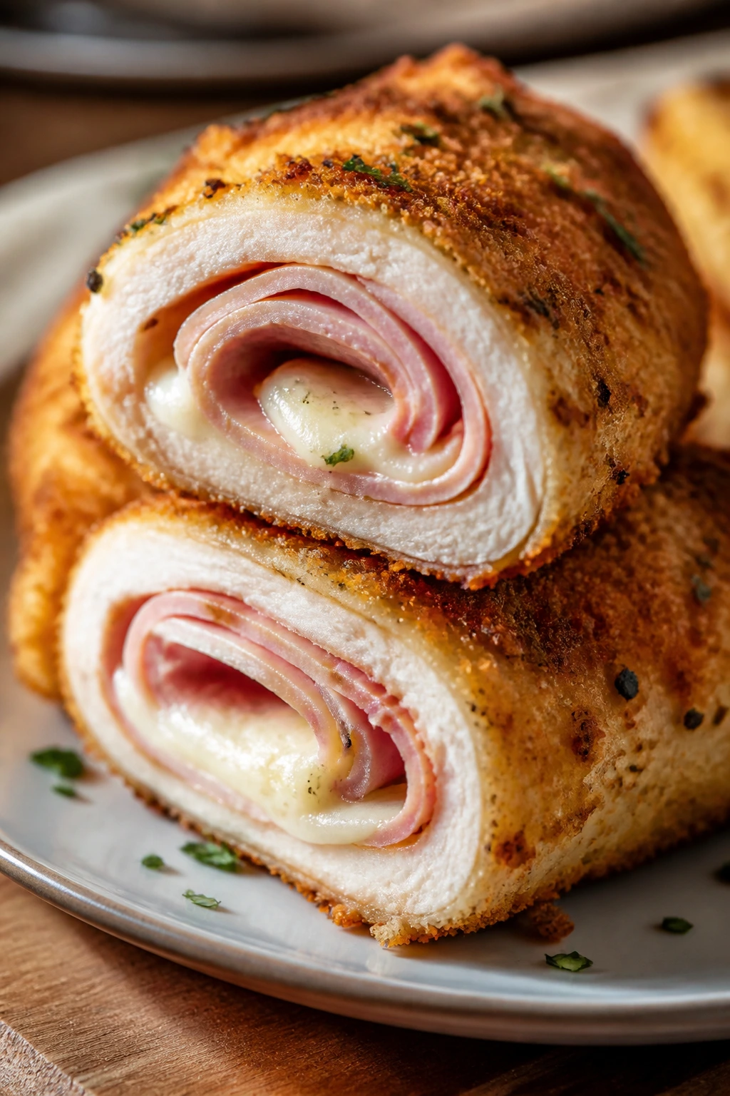 Cross-section of chicken cordon bleu roll-up showing ham and cheese inside, breaded crust
