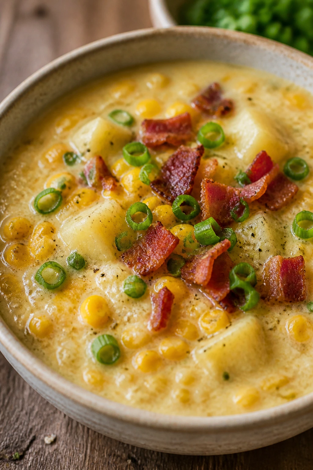 Close-up of corn chowder with bacon and scallions