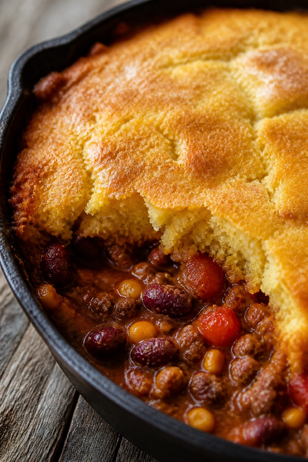 Close-up of cornbread tamale pie in a cast-iron skillet, showing a thick golden crust and saucy filling
