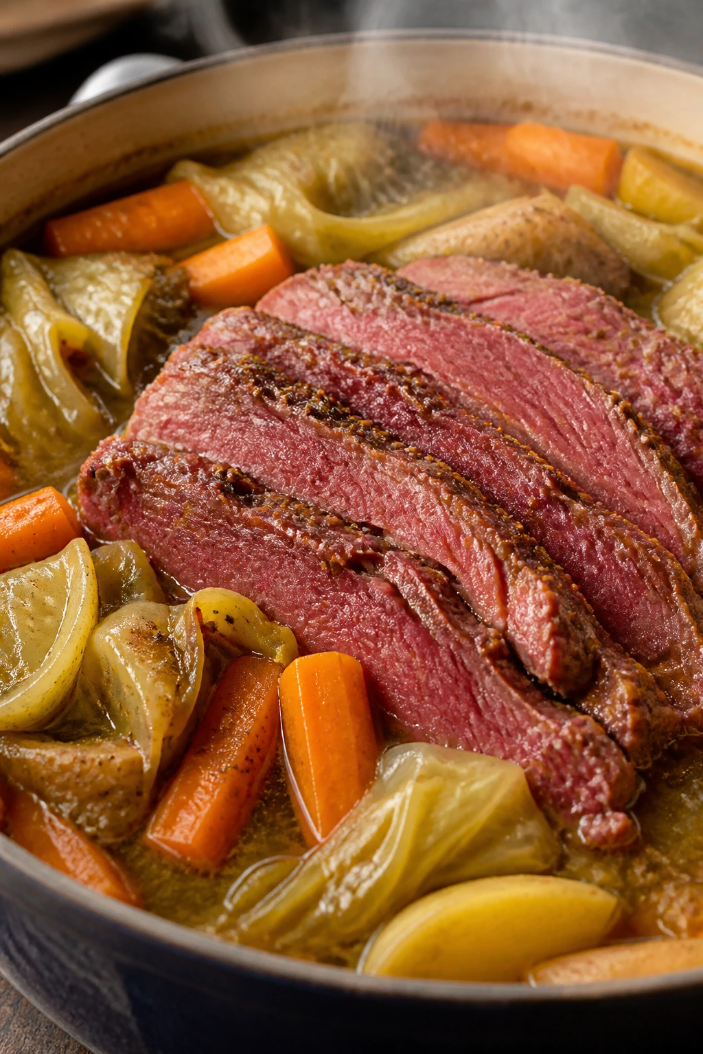 Close-up of corned beef braise with cabbage and carrots