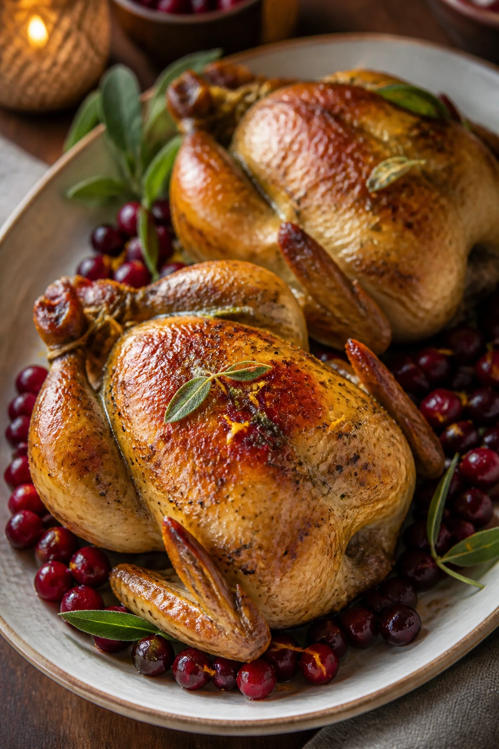 Two Cornish hens with crispy skin and cranberry accents
