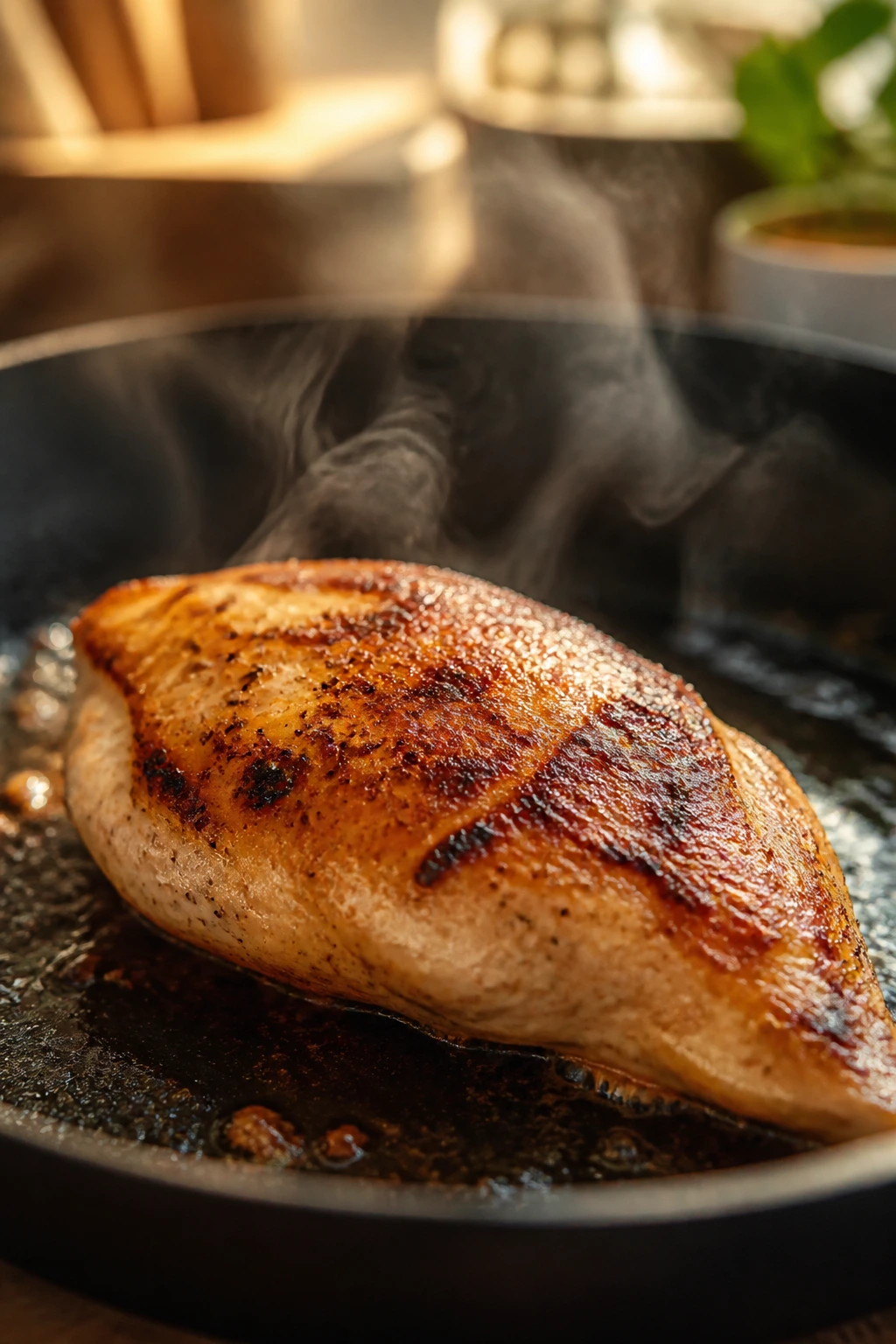 Perfectly browned chicken breast in a skillet with warm kitchen background.