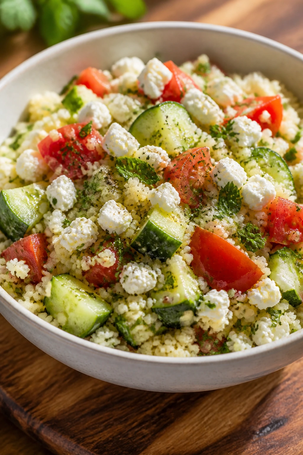 Close-up of couscous bowl with feta and herbs