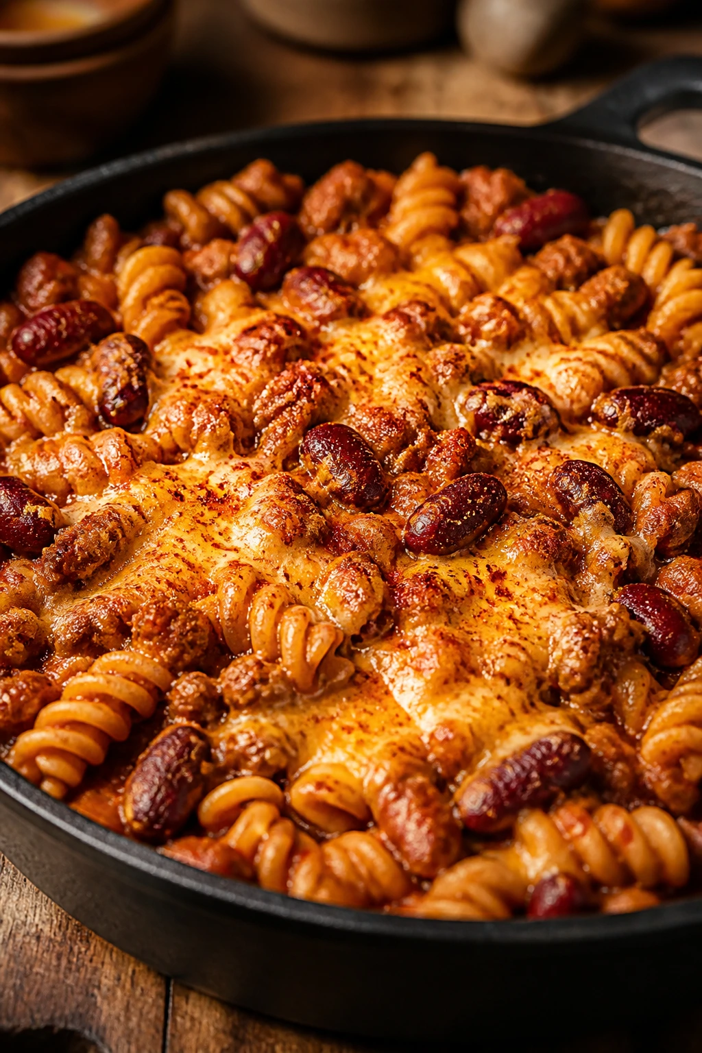 Close-up skillet of cowboy pasta with beans and beef in a smoky sauce