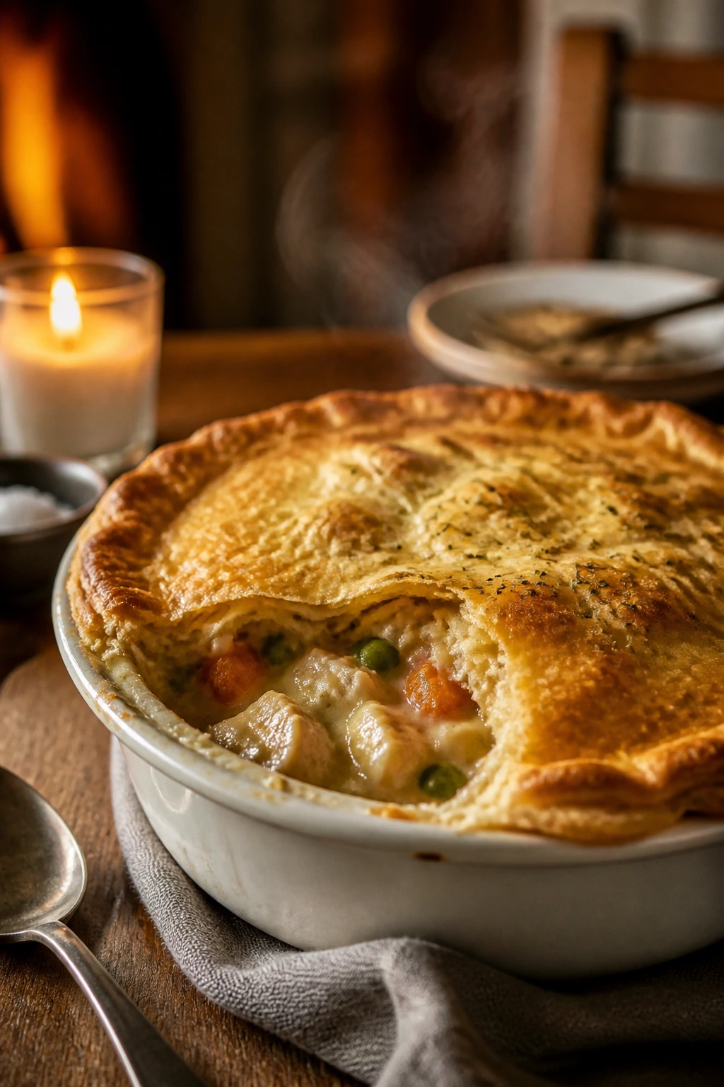 Steaming pot pie on a wooden table, cozy cold-night dinner