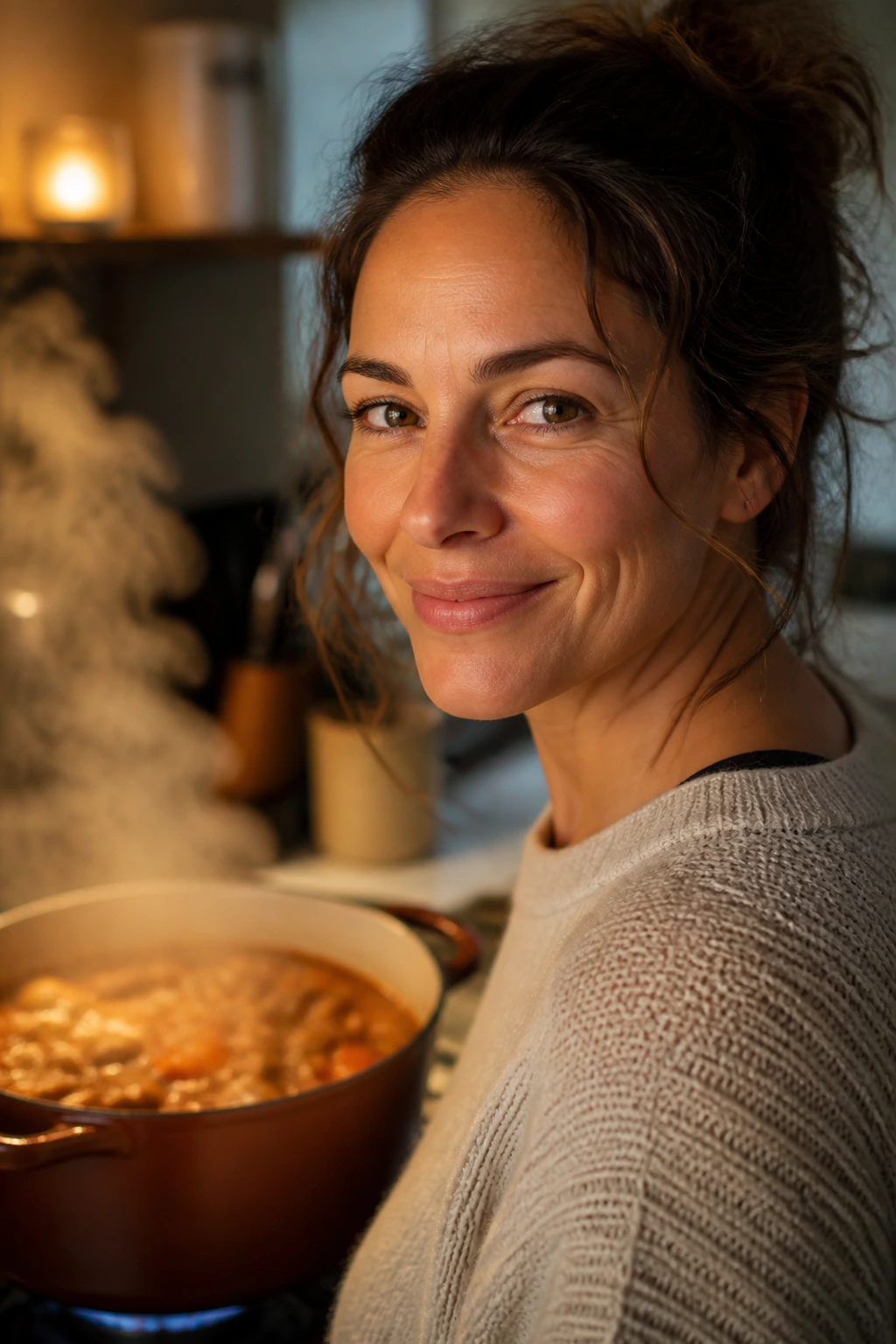 Close-up portrait of a home cook in a cozy kitchen with a steaming pot in the background