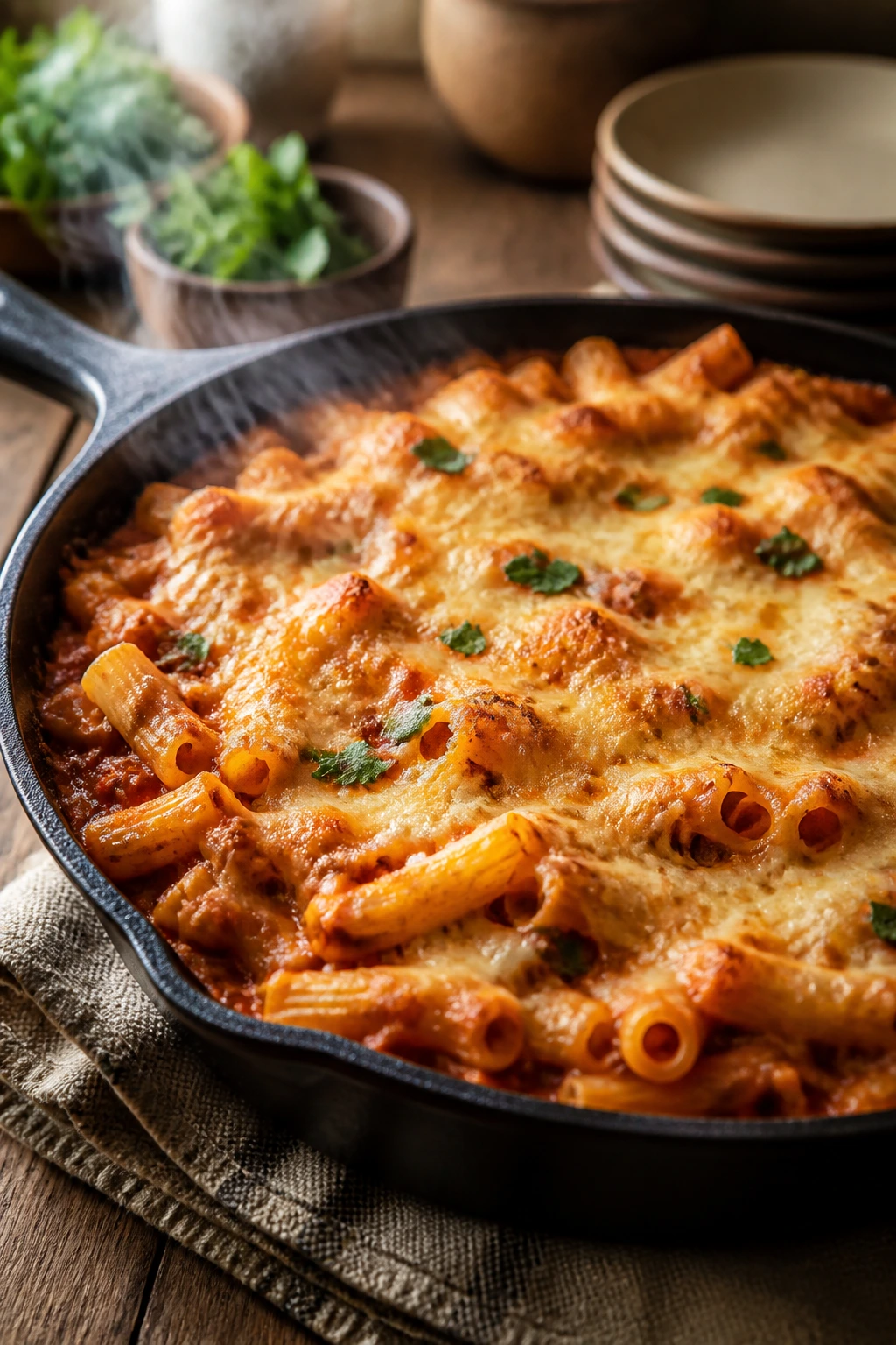 Cast-iron pan filled with pasta bake on a wooden table