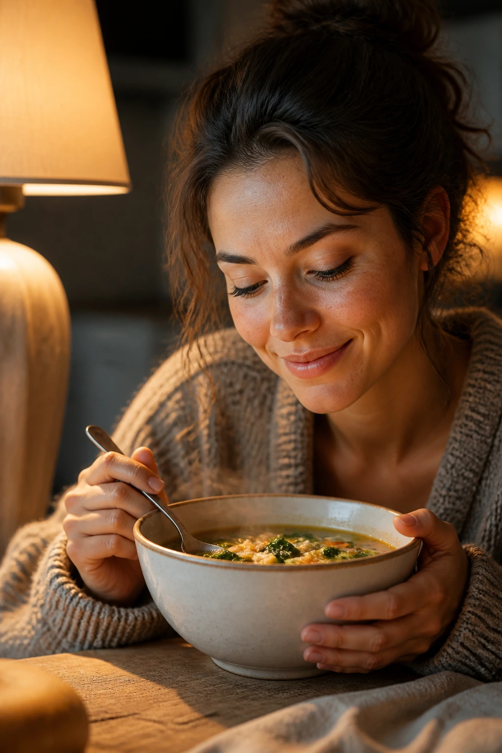 Real person at a dining table with a steaming bowl of soup