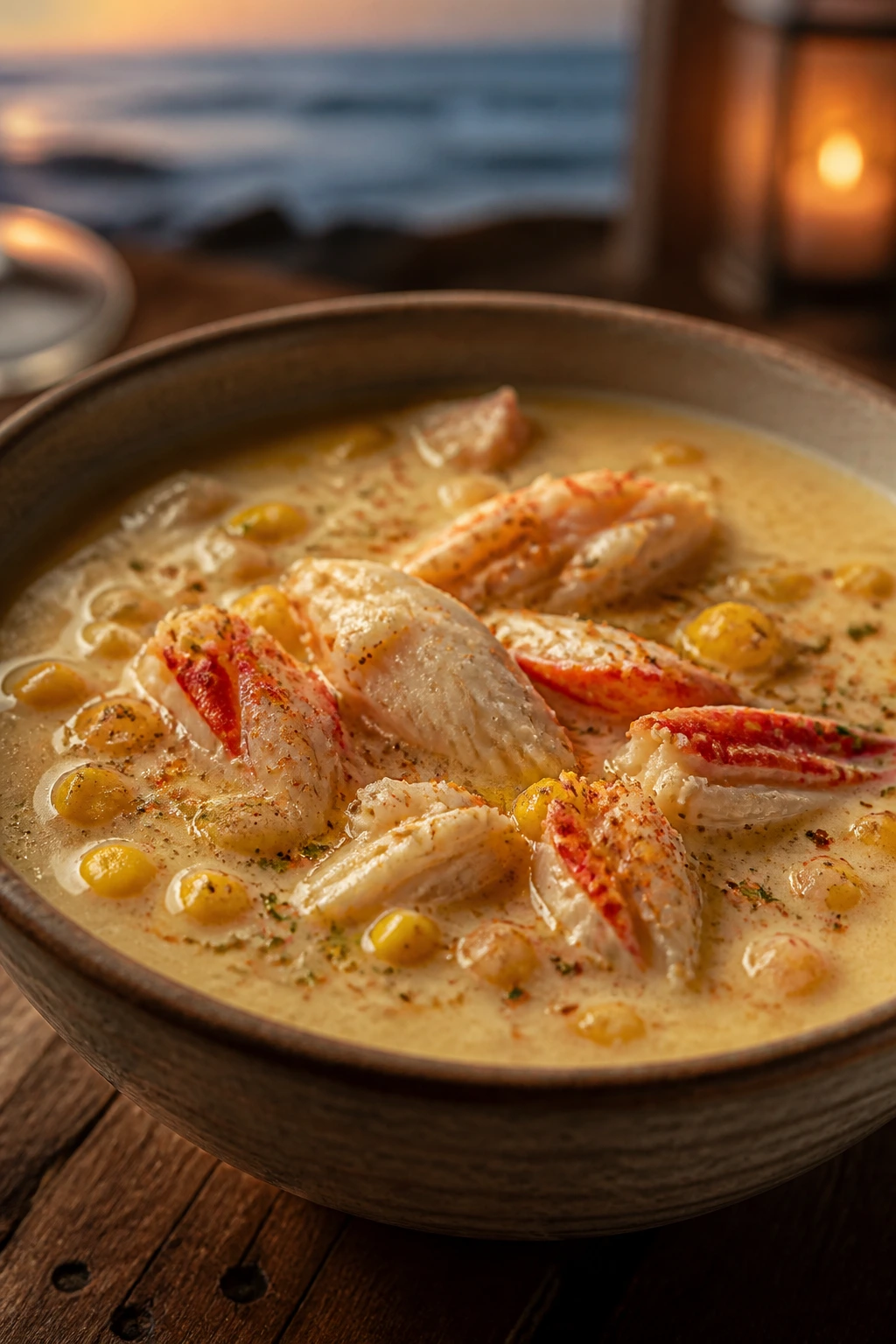 Close-up of crab and corn chowder with crab meat and corn kernels
