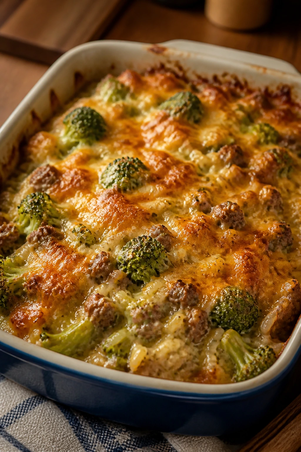 Close-up of creamy beef and broccoli rice bake with broccoli and rice visible