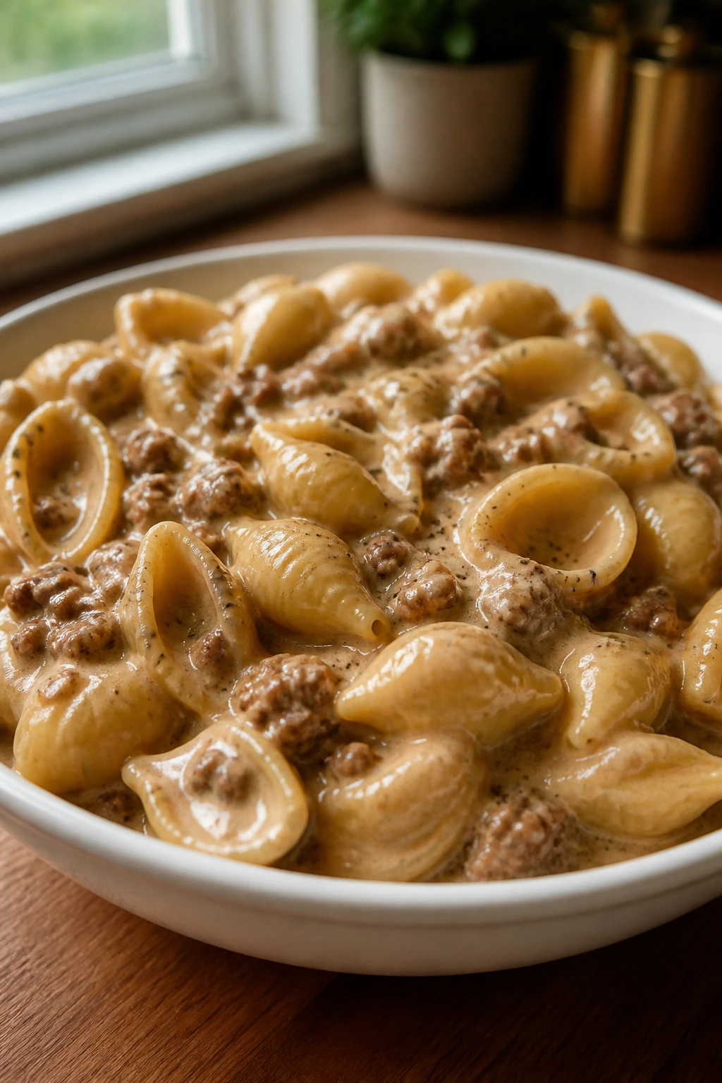 Close-up of creamy beef and shells pasta in a bowl on a wooden counter