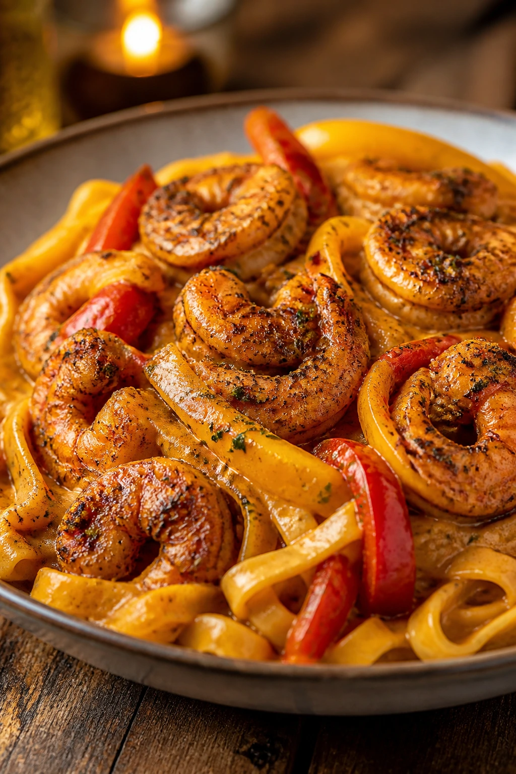 Close-up of creamy Cajun pasta with blackened shrimp and peppers on a rustic plate