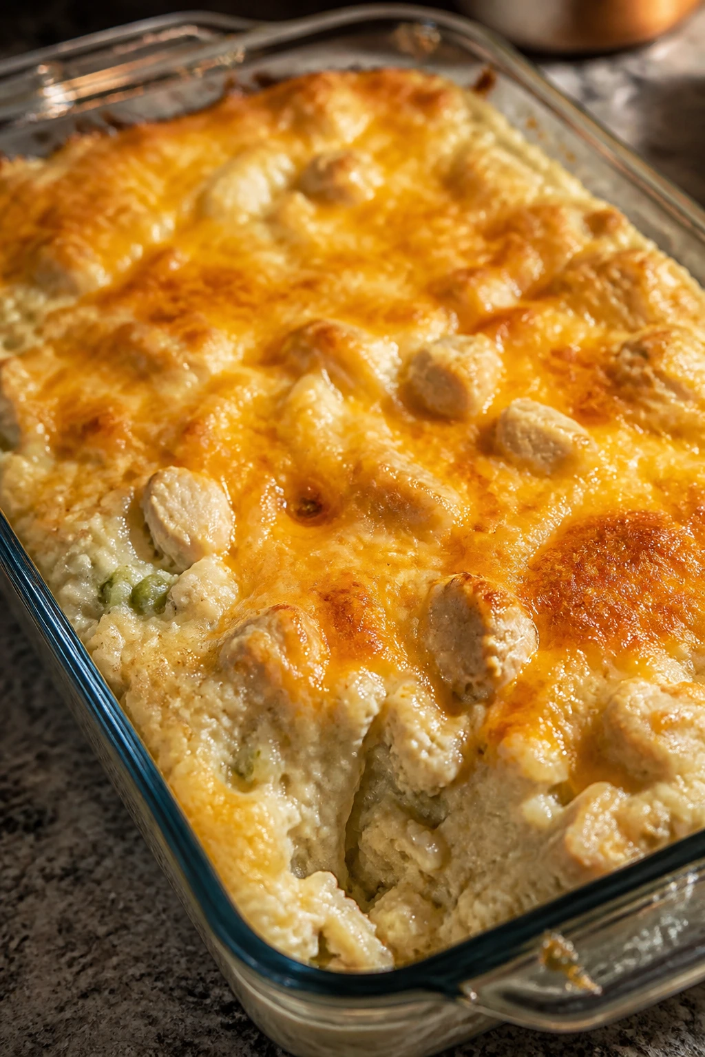 Creamy chicken and rice casserole bubbling in a glass baking dish
