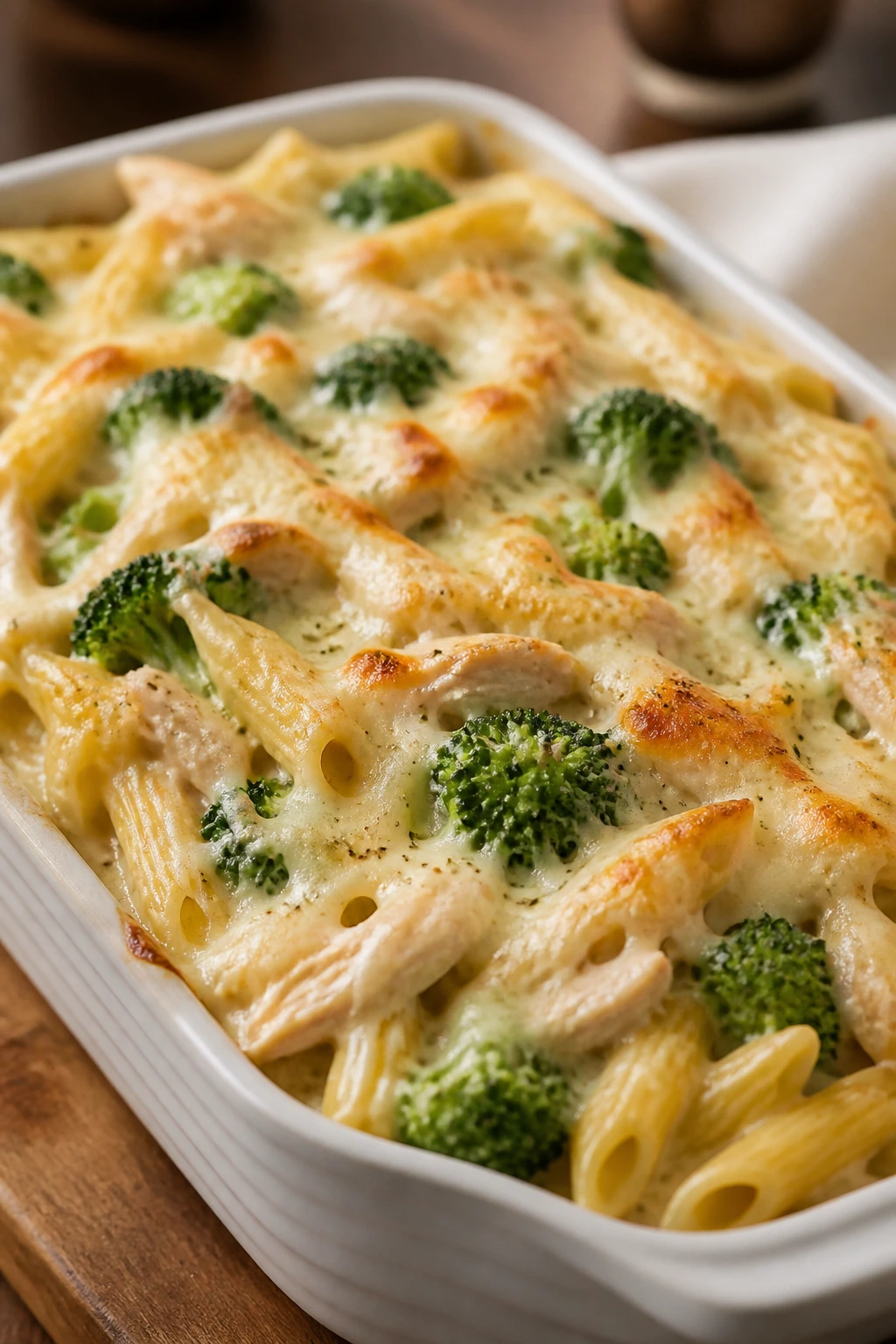 Creamy chicken alfredo bake with broccoli and mozzarella on top
