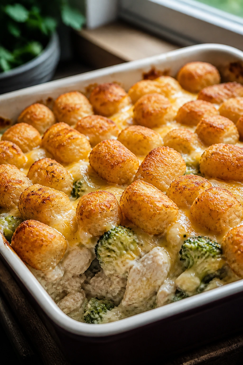 Close-up of creamy chicken broccoli tater tot casserole in a baking dish with golden tots on top