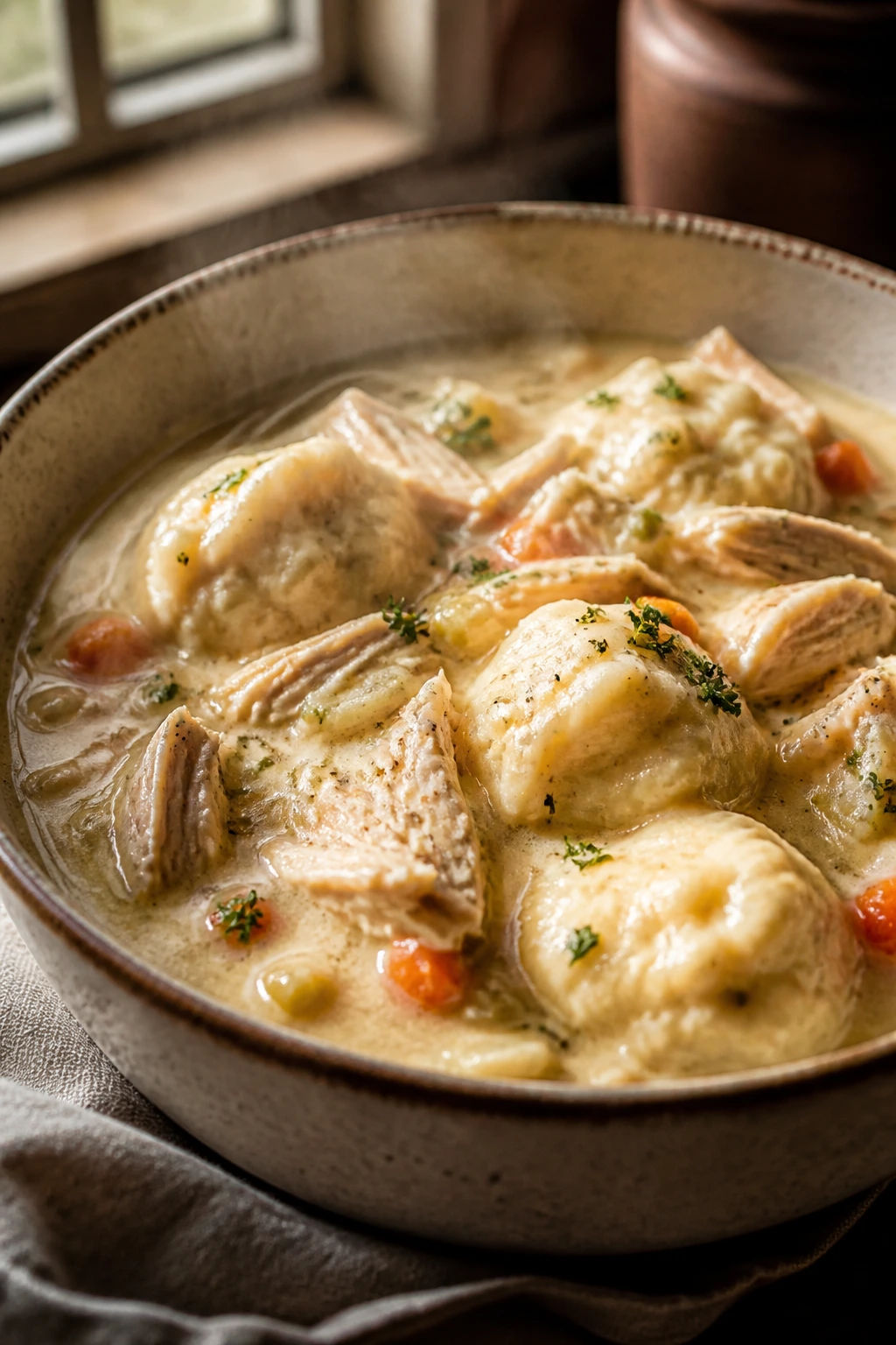 Creamy chicken and dumplings in a rustic bowl with dumplings on top