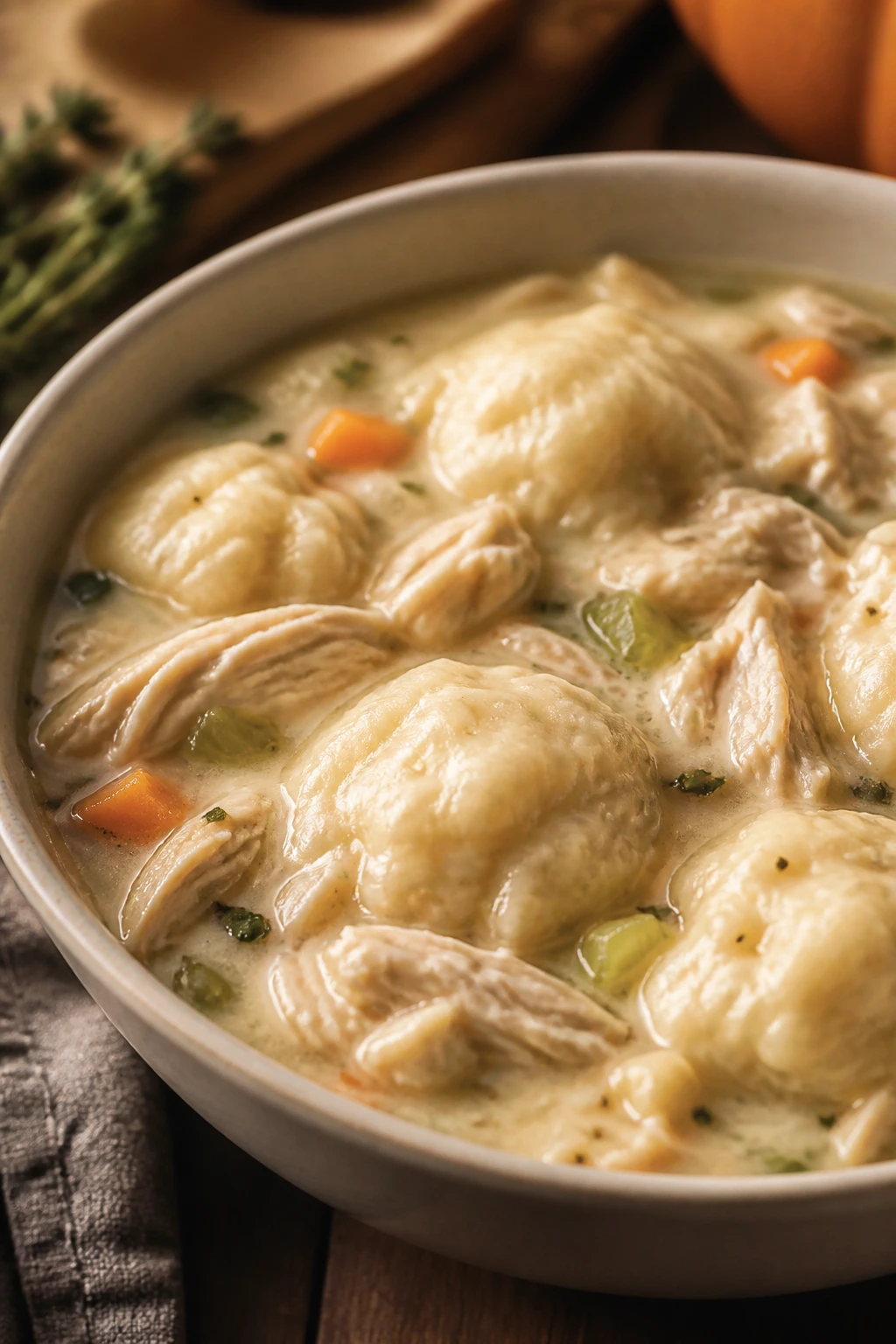 Creamy chicken and dumplings with dumplings on top