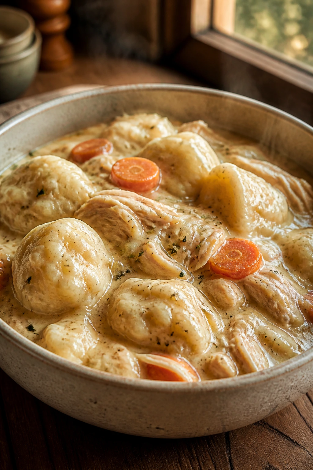 Close-up of creamy chicken and dumplings in a steaming bowl
