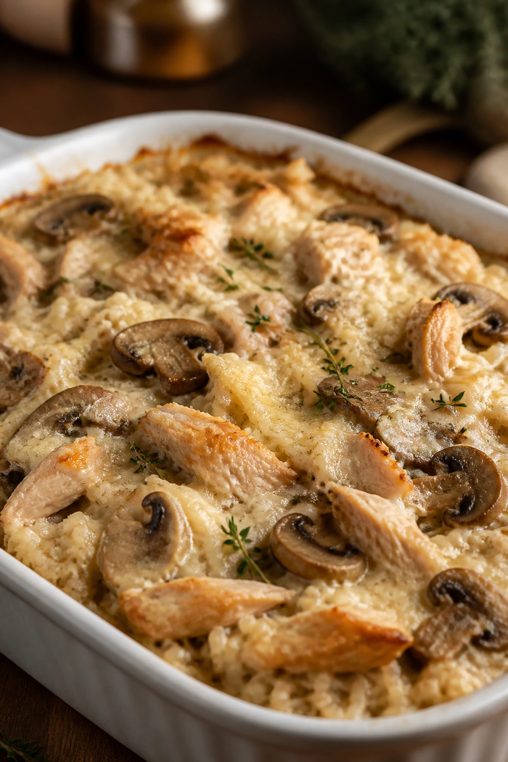 Creamy chicken mushroom rice bake in baking dish