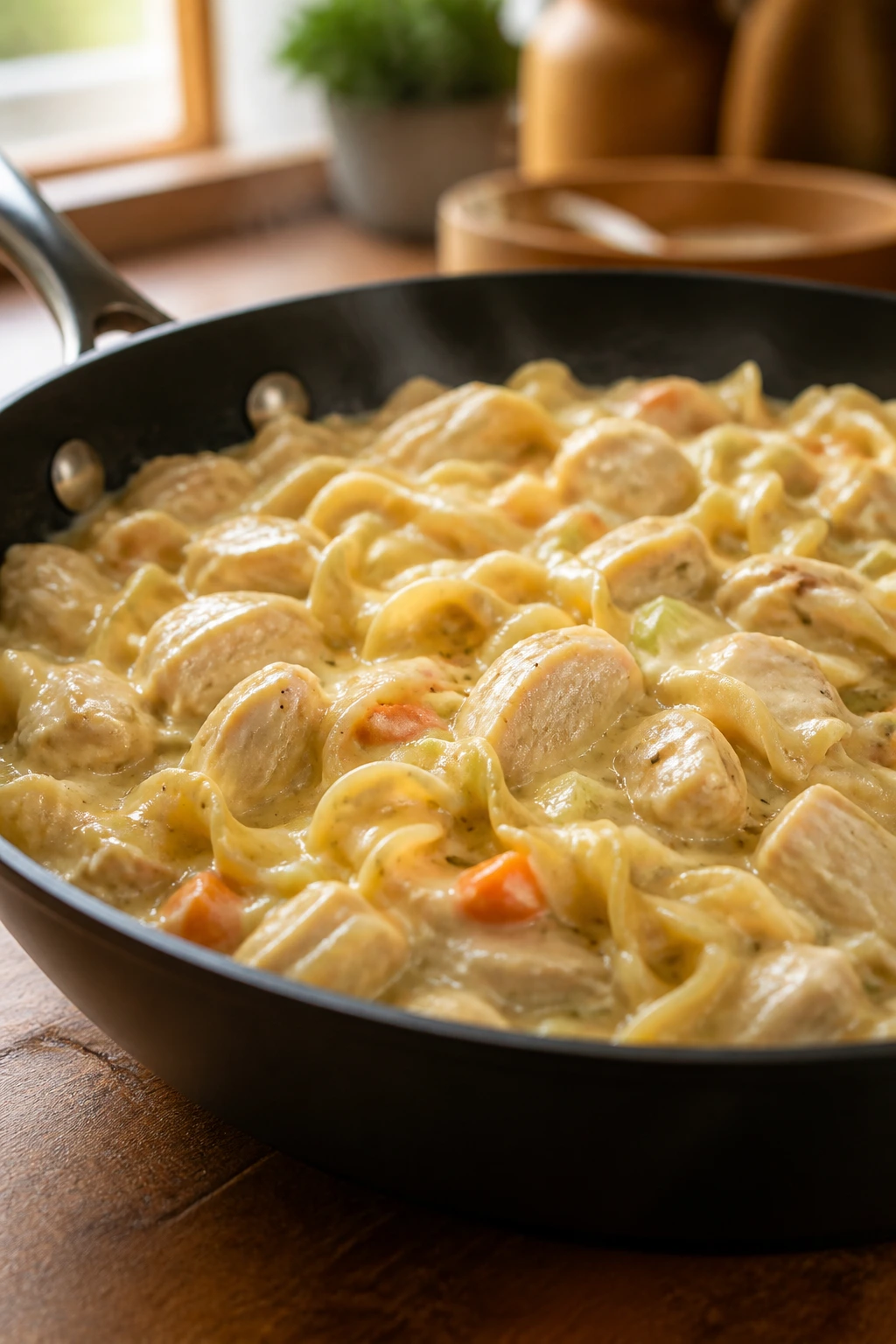 Close-up of creamy chicken noodle skillet with noodles and chicken in rich sauce on a wooden kitchen counter