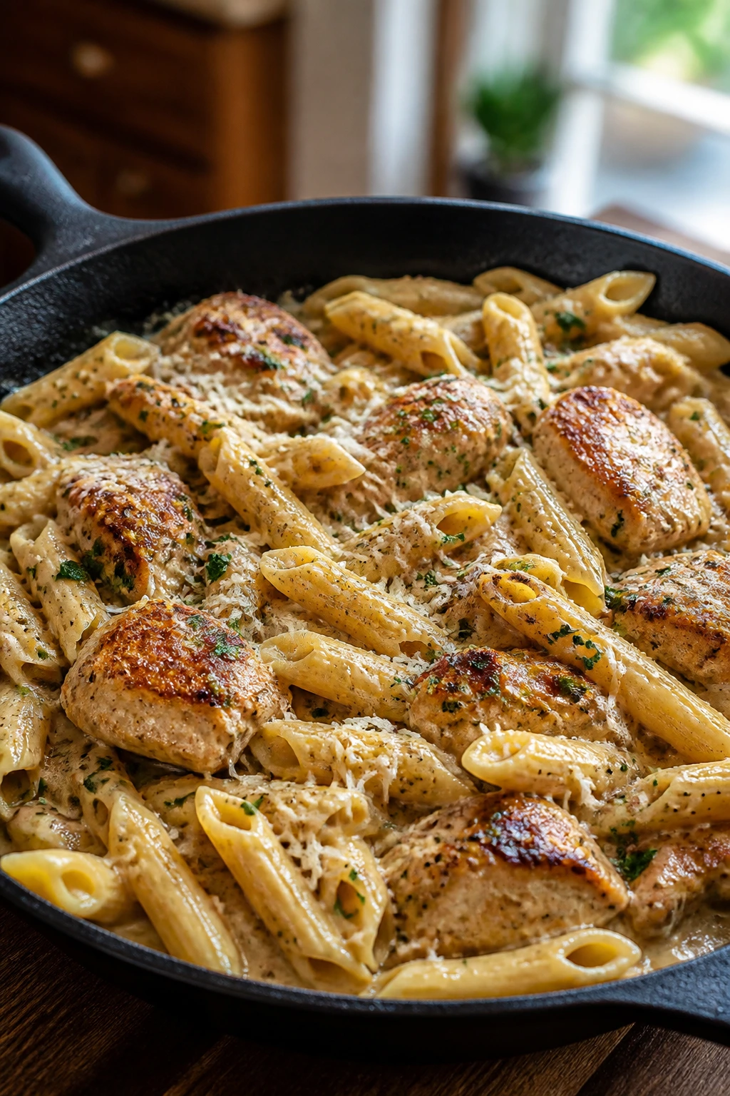 Close-up of creamy garlic Parmesan chicken and penne skillet dinner in a cast iron pan with glossy sauce in a warm kitchen.