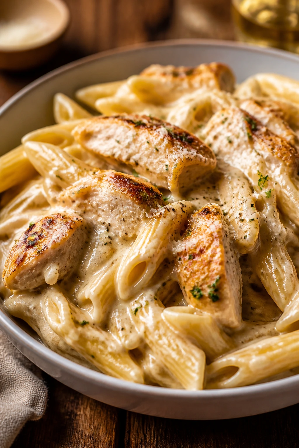 Plated creamy garlic Parmesan chicken and penne skillet on a rustic table.