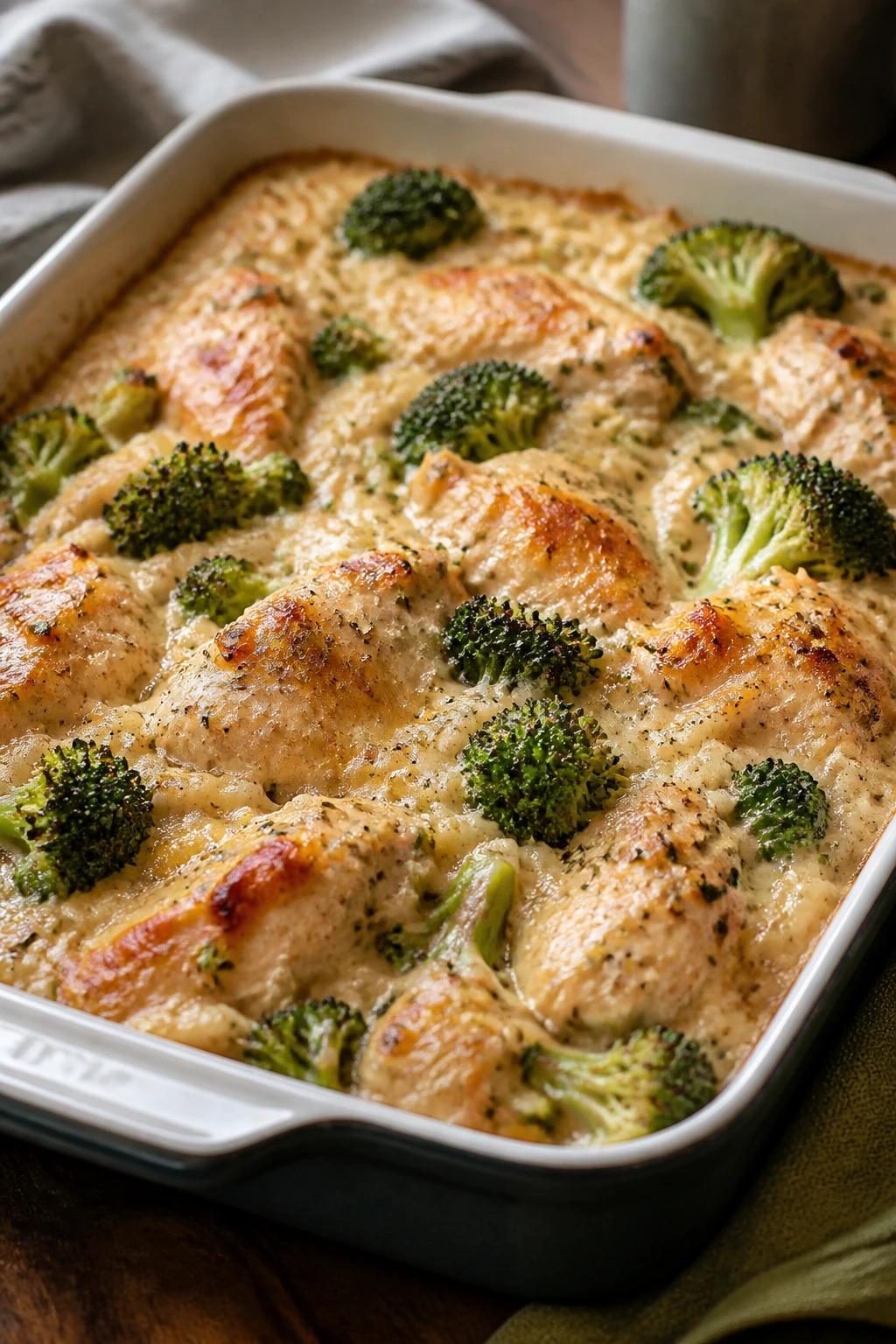 Creamy chicken and rice bake with broccoli in a baking dish