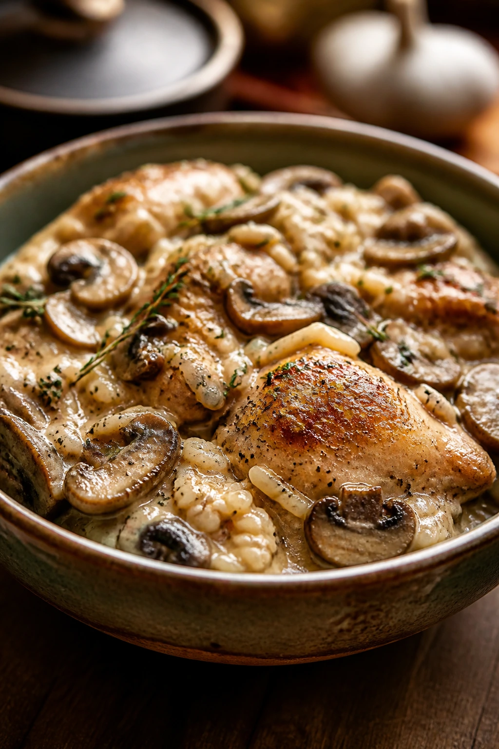 Creamy chicken and rice with mushrooms in a rustic bowl, warm kitchen setting