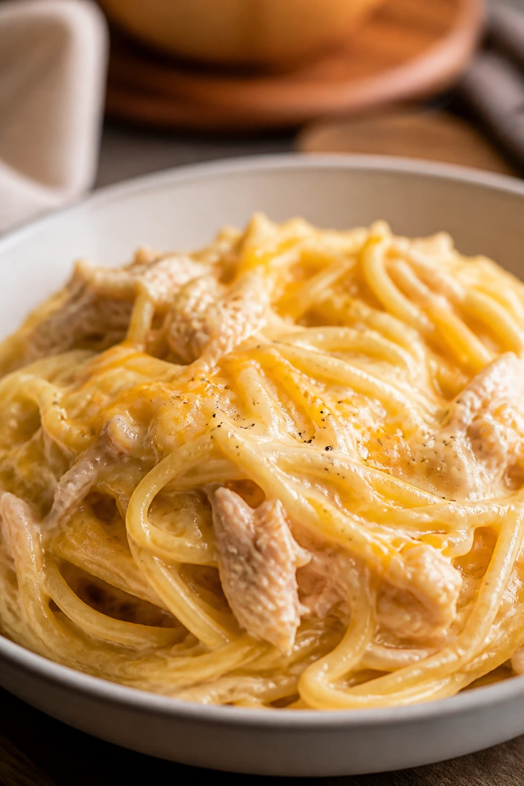 Close-up of creamy chicken spaghetti with cheddar sauce on pasta