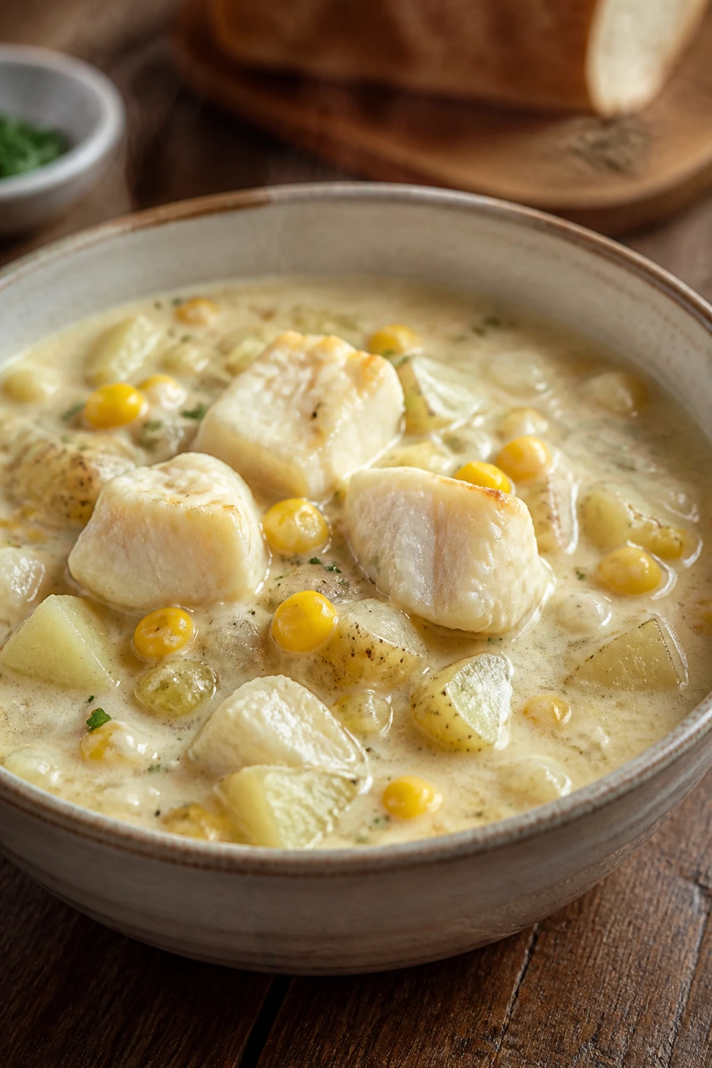 Close-up of a creamy chowder with cod, corn, and potatoes in a bowl