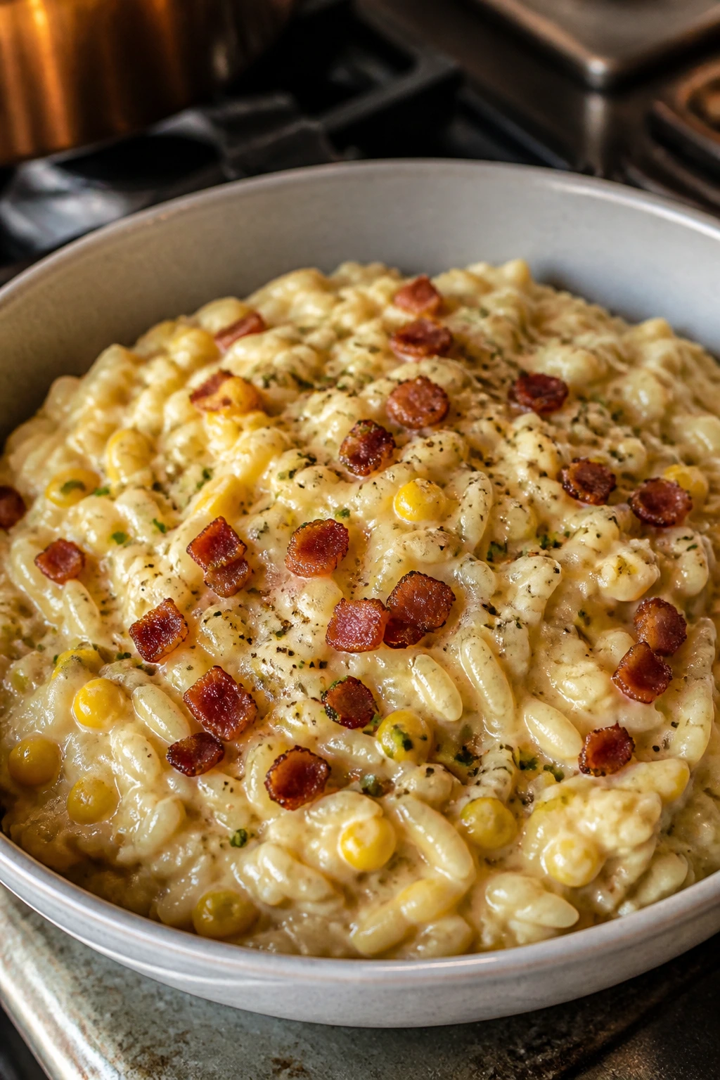 Orzo with corn and pancetta in a creamy sauce on a cozy kitchen counter