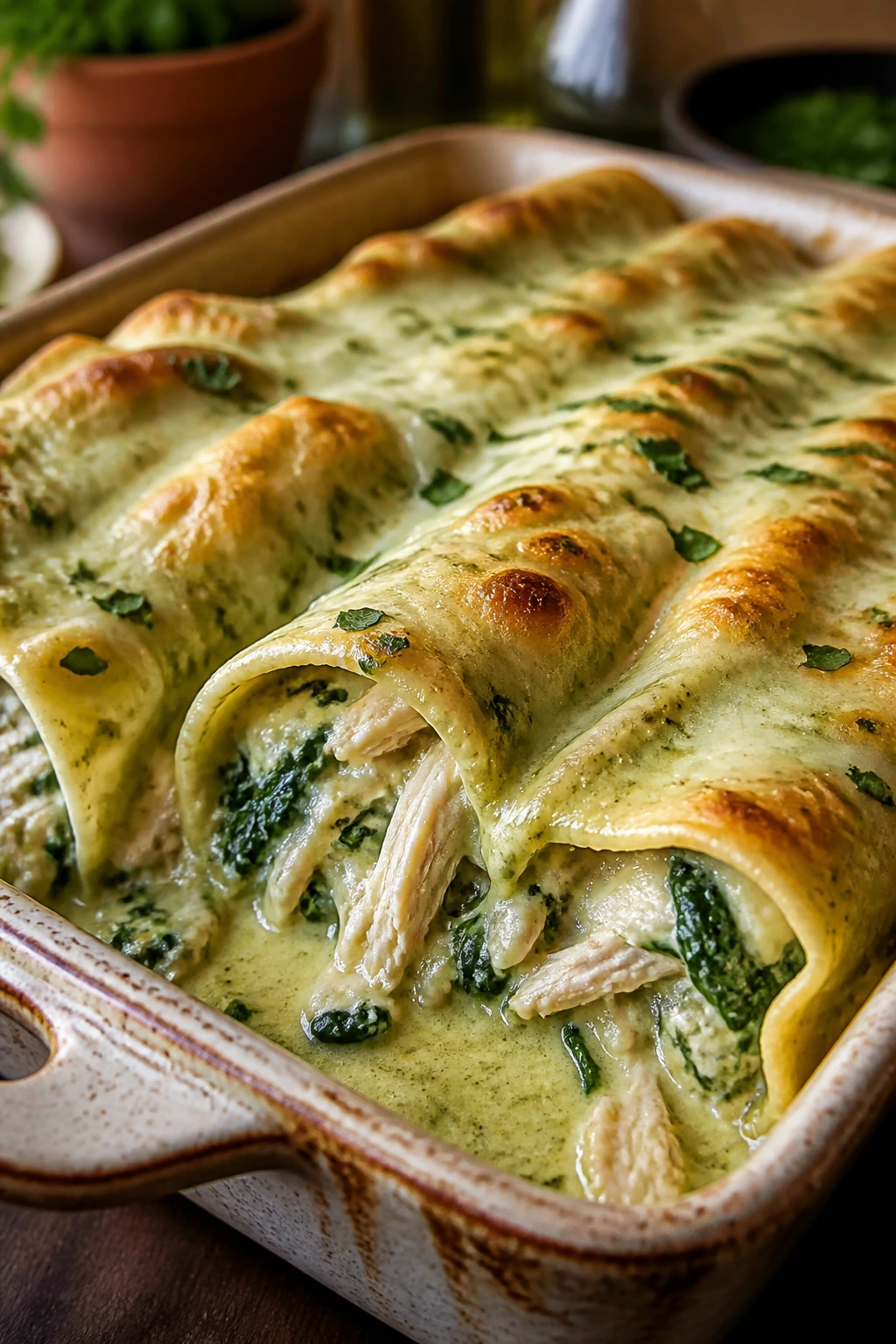 Close-up of Creamy Chicken Spinach Enchiladas with spinach visible in creamy green sauce on a rustic plate