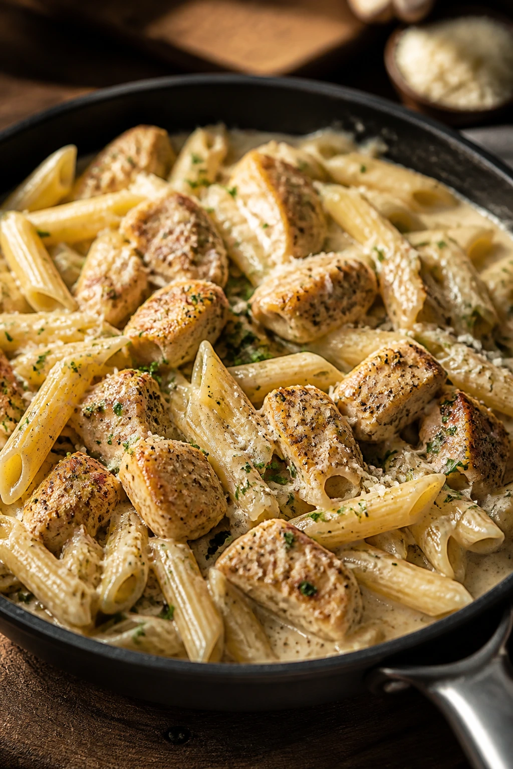 Close-up of creamy garlic Parmesan chicken and penne skillet on a wooden table.